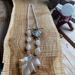 Agate Leaf Necklace with White Beads  Ornate Leaf Silver Toggle Clasp